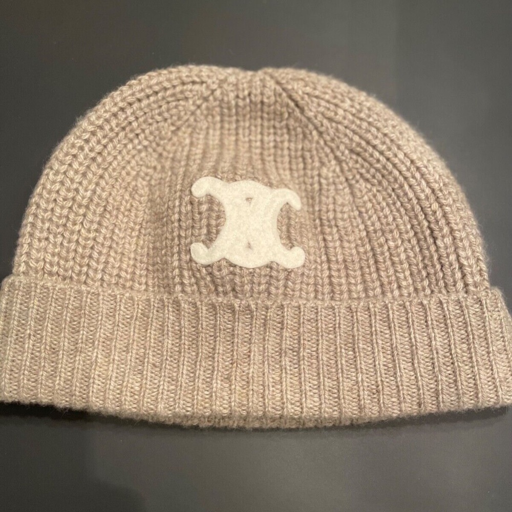 Celine Triomphe Embroidered Beanie In Seamless Cashmere - Sand